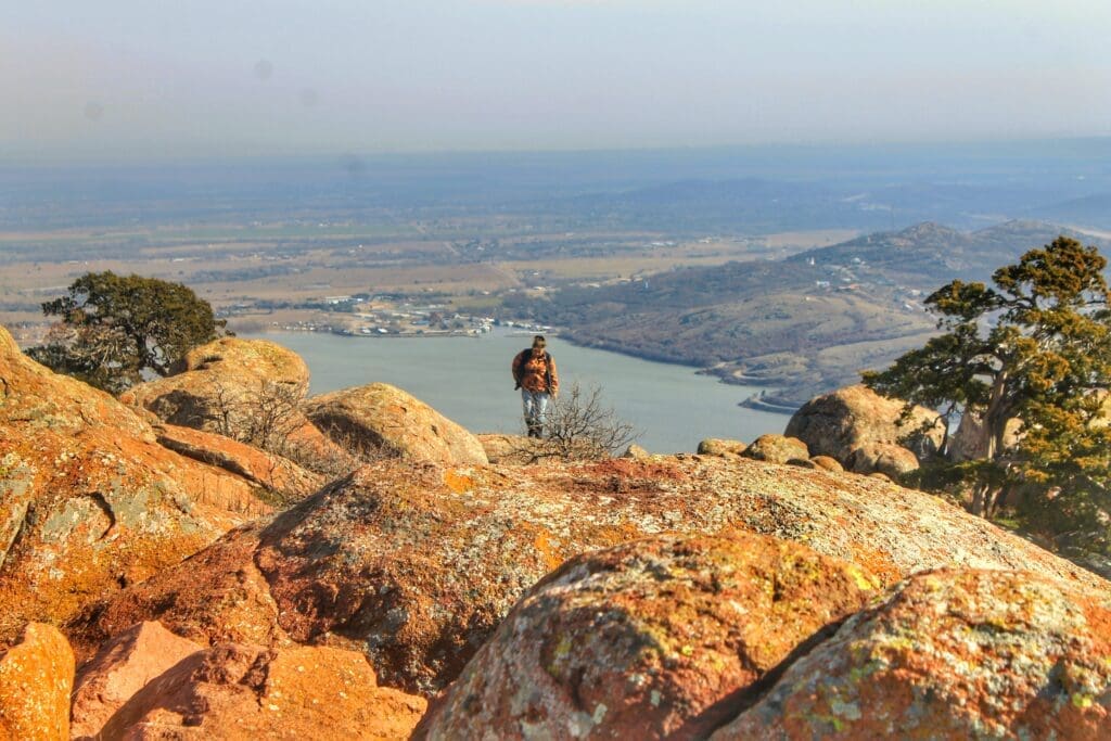 Hiker looking over mountain
